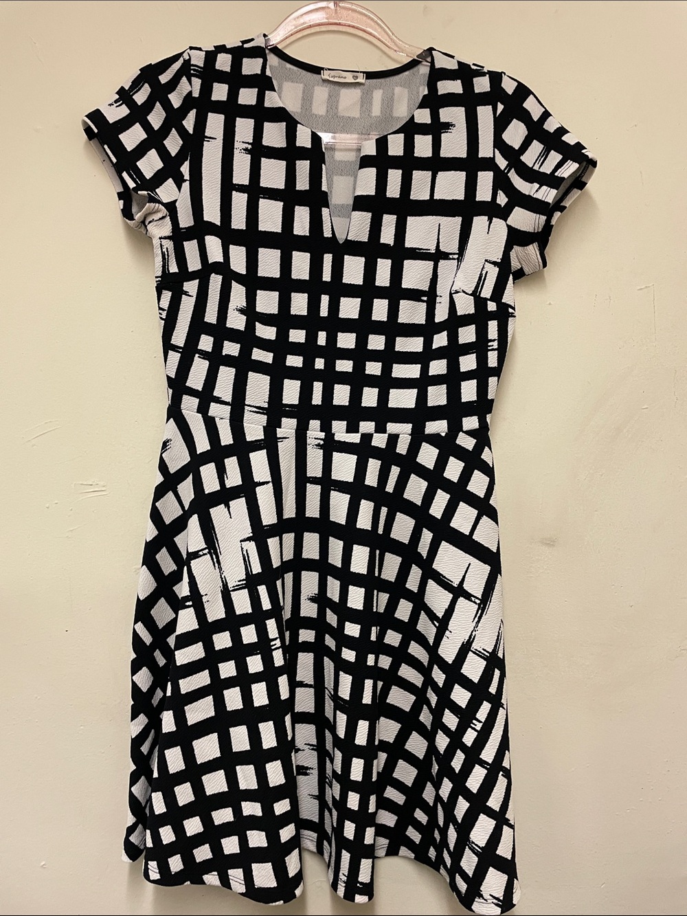 Black & White Grid Print Fit-and-Flare Dress | Size: M